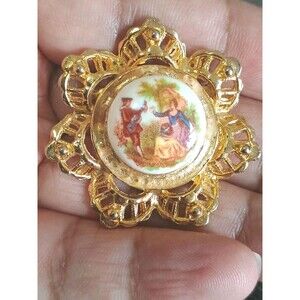 RNK Porcelain Musician Couple Openwork Gold Tone Vintage Brooch